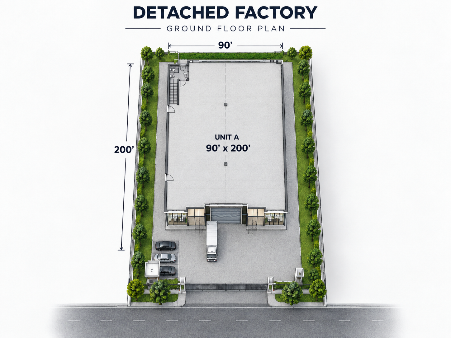 Detached factory ground floor plan, 90 feet by 200 feet