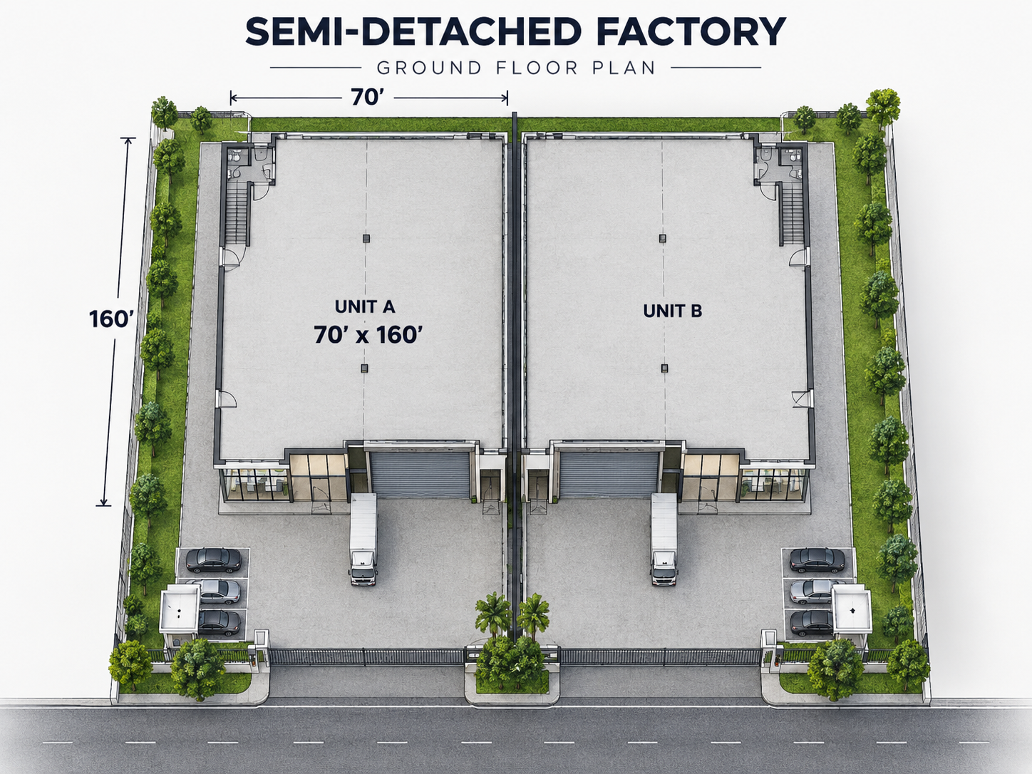 Semi-detached factory ground floor plan, 70 feet by 160 feet